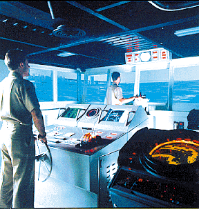 Image of the bridge in a ship handling simulator.