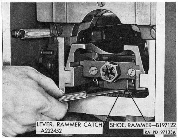 Figure 64. Checking clearance between the catch lever and the rammer shoe.