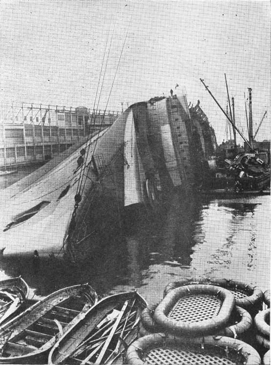 Figure 14-A. The fate of the LAFAYETTE indicates the importance of considering stability. Her capsizing was the result of high weight and free surface, rather than off-center weight, since she had no fore-and-aft bulkheads where the enormous quantities of fire-fighting water were poured into her.