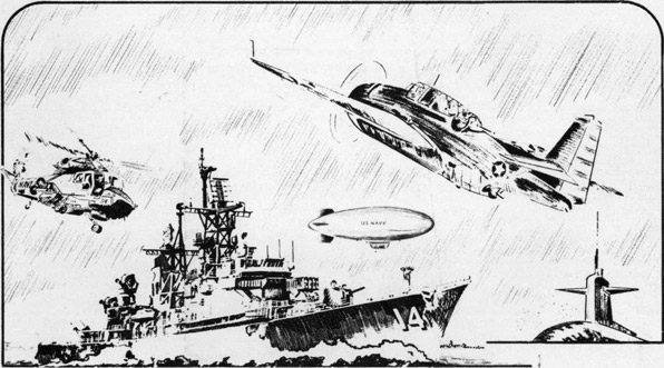 An illustration showing airplanes, helicopters, destroyers, blimps and nuclear submarines.