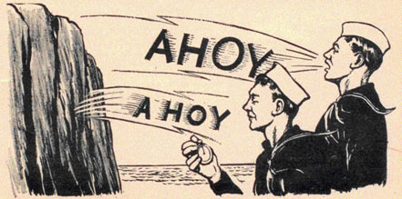 Illustration of sailors yelling and time the echo returning from a cliff.