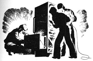 Drawing of three sailors working on a radio.