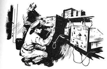 Drawing of sailor doing repairs at a workbench.