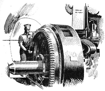 Drawing of sailor standing behind large open frame generator.