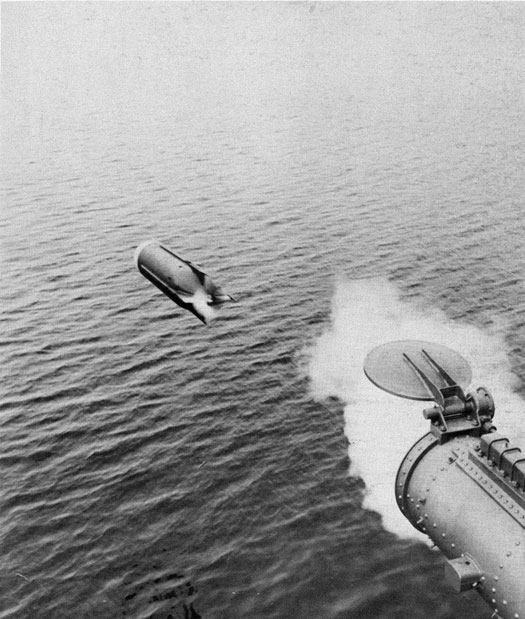 Torpedo in the air exiting a test torpedo tube.