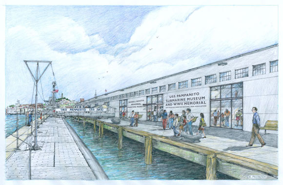 Drawing of exterior of the museum with the submarine