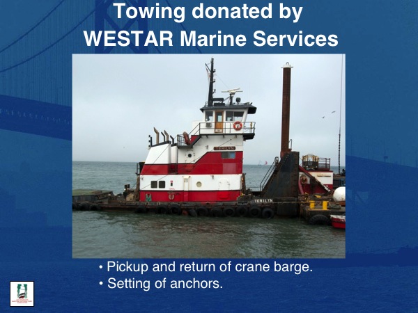 Towing donated by WESTAR Marine Services
Pickup and return of crane barge.
Setting of anchors.