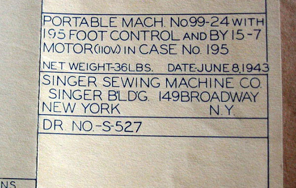 title plate from one of the drawings. Portable Mach. No. 99-24 with 195 Foot Control and BY 15-7 Motor and Case 195, 1943.