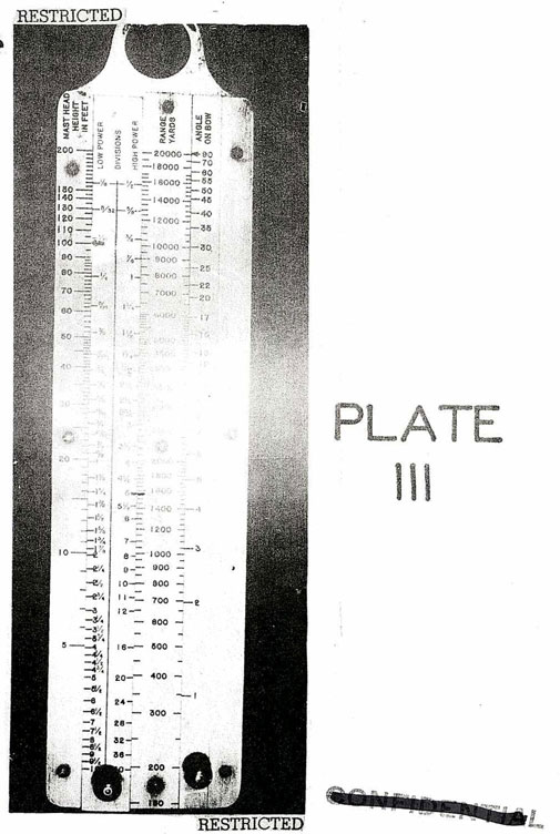 Mast height and range slide rule described in the text.