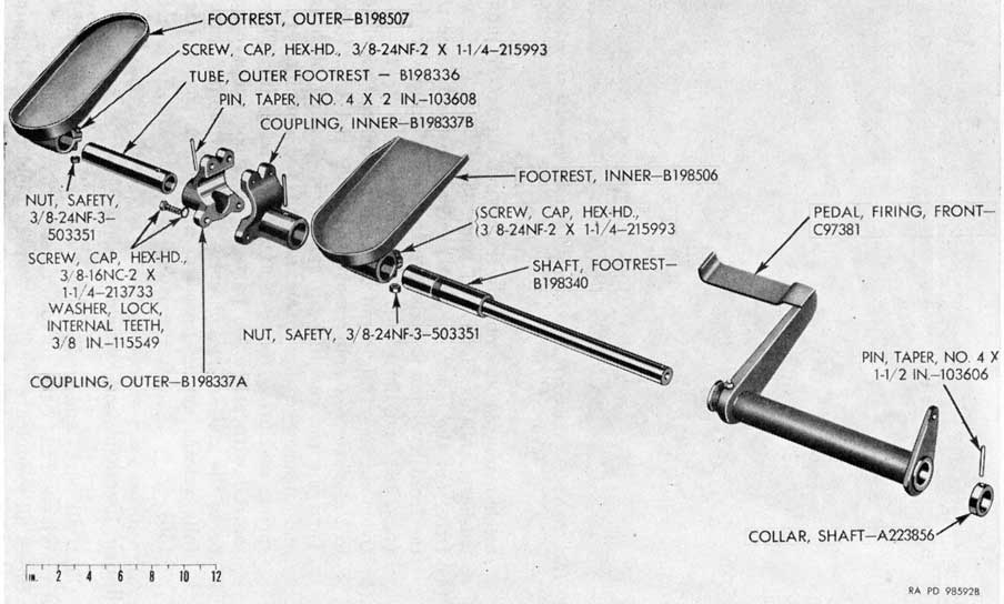 Figure 134. Parts of footrest and front firing pedal assemblies.