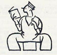 Drawing of sailor reading with book in one hand, shell in other.