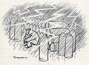 Illustration of sailor sitting amoungst shells in the rain.