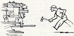 Illustration of sailor with a hammer angrily running towards a gun.