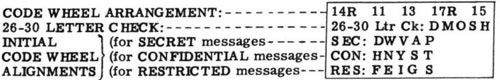 CODE WHEEL ARRANGEMENT: -14R 11 13 17R 15
26-30 LETTER CHECK: - 26-30 Ltr Ck: DMOSH
INITIAL (for SECRET messages- SEC: DWVAP
CODE WHEEL (for CONFIDENTIAL messages- CON: HNYST
ALIGNMENTS (for RESTRICTED messages- RES: FEIGS