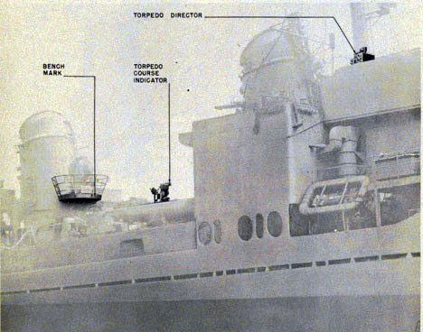 Photo of destroyer showing location of torpedo director,
torpedo course indicator and bench mark.