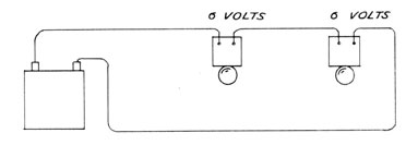 Drawing of battery with two bells in series, each with a 6 volt drop.