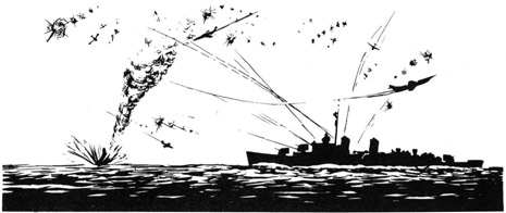 Drawing of ship firing upon othe ship and aircraft.