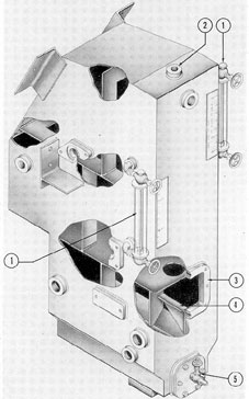 Figure 3-3. Cutaway of main supply tank. 1) Gage; 2) air inlet; 3) hand hole for strainer; 4) strainer mounting base; 5) valve.