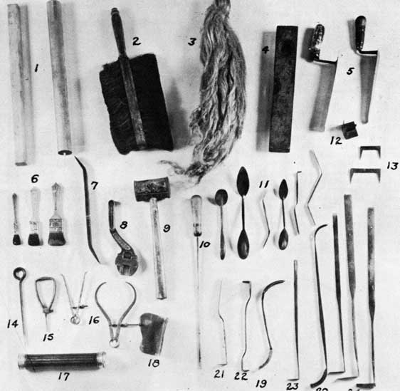 Figure 72. Additional molder's tools. 1. Gate stick; 2. Brush; 3. Bosh or swab; 4. Level; 5. Trowels; 6. Camel's hair brushes; 7. Rapping or clamping bar; 8. Wrench; 9. Rawhide mallet; 10. Vent wire; 11. Slickers, double-enders, spoons; 12. Half-round corner; 13. Dogs; 14. Draw spike; 15. Draw screw; 16. Calipers; 17. Flash light; 18. Gate cutter; 19. Circular flange tool; 20. Circular flange tool; 21. Bench lifter (bent); 22. Hub tool; 23. Lifter; 24. Lifters.