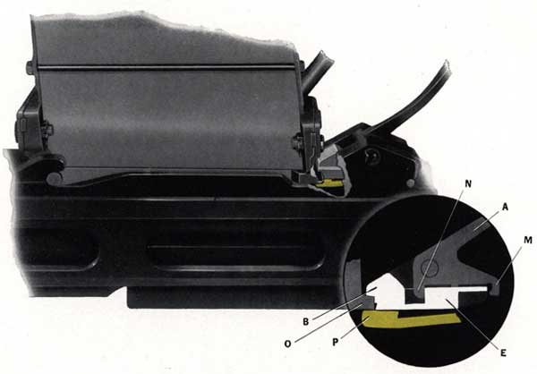 Magazine in shipped or firing position, showing catchdown and ejector locking magazine in place