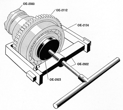 Using puller (OE-2922) and disc (OE-2923) to strip ball
bearing and spur wheel from column raising spindle