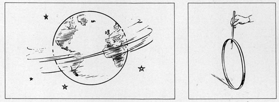 Illustrations of earth turning and toy wheel.