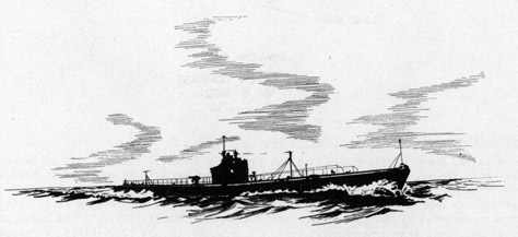 Drawing of a submarine underway