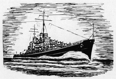 Drawing of a destroyer underway.