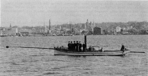 Spar Torpedo Rigged for Test from Bow of Steam Launch