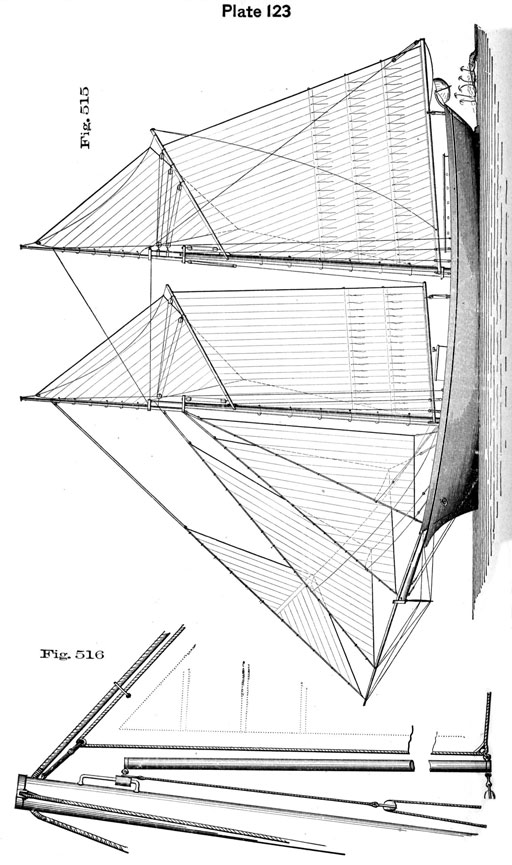 Plate 123, Fig 515-516.  Schooner with stayail boom detail.