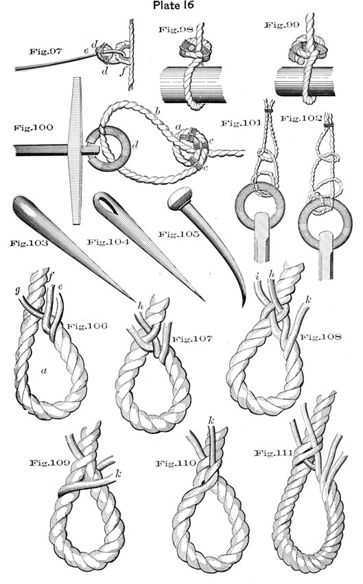 Plate 16, Fig 97-111, illustrations of knots.