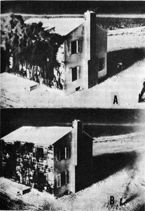 Figure 14D6.-a. Thermal effects on wood frame house almost immediately after explosion (about 25 cal/sq cm); b. thermal effects on wood frame house 2 seconds later.