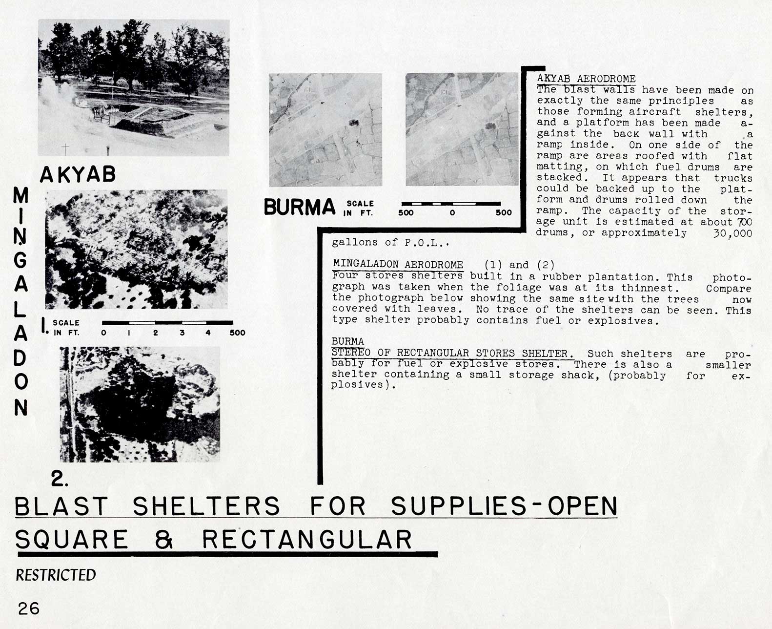 BLAST SHELTERS FOR SUPPLIES-OPEN SQUARE and RECTANGLULAR
AKYAB AERODROME
The blast warn have been made on exactly the same principles as those forming aircraft shelters, and a platform has been made against the back wall with a ramp inside. On one side of the ramp are areas roofed with flat matting, on which fuel drums are stacked. It appears that trucks could be backed up to the platform and drums rolled down the ramp. The capacity of the storage unit is estimated at about 700 drums, or approximately 30,000 gallons of P.O.L.

MINGALADON AERODROME (1) and (2) Four stores shelters built in a rubber plantation. This photograph was taken when the foliage was at its thinnest. Compare the photograph below showing the same site with the trees now covered with leaves. No trace of the shelters can be seen. This type shelter probably contains fuel or explosives.

BURMA 
STEREO OF RECTANGULAR STORES SHELTER. Such shelters are probably for fuel or explosive stores. There is also a smaller shelter containing a small storage shack, (probably for explosives).
26
