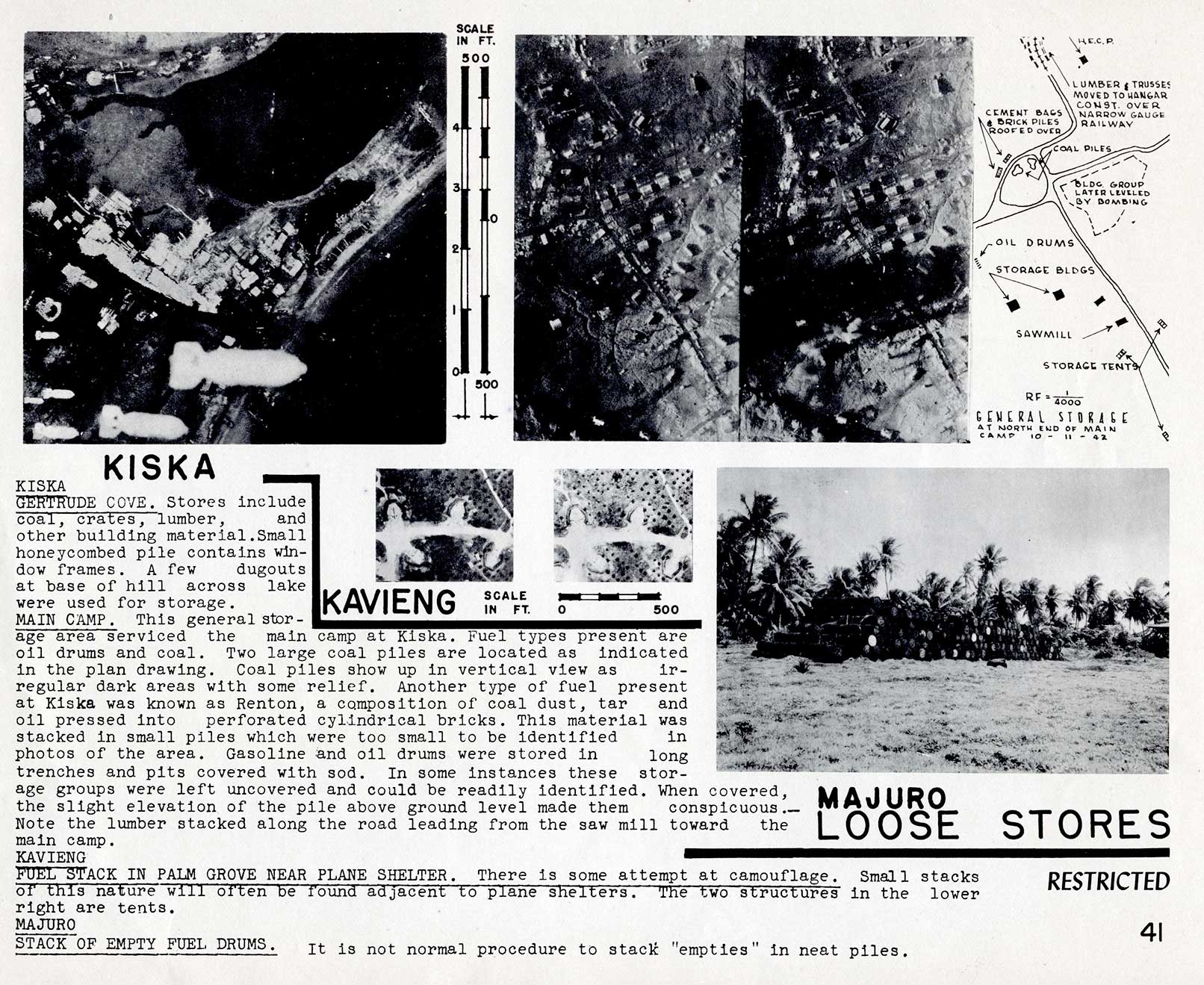 LOOSE STORES
KISKA
GERTRUDE COVE. Stores include coal, crates, lumber, and other building material. Small honeycombed pile contains window frames. A few dugouts at base of hill across lake were used for storage.

MAIN CAMP. This general storage area serviced the main camp at Kiska. Fuel types present are oil drums and coal. Two large coal piles are located as indicated in the plan drawing. Coal piles show up in vertical view as irregular dark areas with some relief. Another type of fuel present at Kiska was known as Renton, a composition of coal dust, tar and oil pressed into perforated cylindrical bricks. This material was stacked in small piles which were too small to be identified in photos of the area. Gasoline and oil drums were stored in long trenches and pits covered with sod. In some instances these storage groups were left uncovered and could be readily identified. When covered, the slight elevation of the pile above ground level made them conspicuous. Note the lumber stacked along the road leading from the saw mill toward the main camp.

KAVIENG 
FUEL STACK IN PALM GROVE NEAR PLANE SHELTER. There is some attempt at camouflage. Small stacks of nature will often be found adjacent to plane shelters. The two structures in the lower right are tents.

MAJURO
STACK OF EMPTY FUEL DRUMS. It is not normal procedure to stack 'empties' in neat piles.
41
