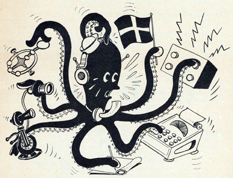 Cartoon of sailor drawn as an octopus with each arm doing something else. Signalling, voice, morse code, radio, copying to paper, typing.