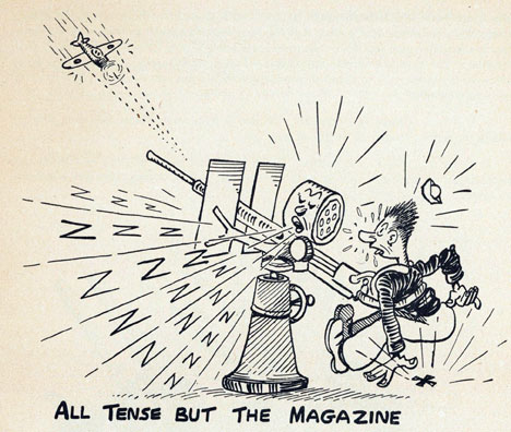 Image of sailor alarmed by enemy aircraft fire while the magazine sleeps.  ALL TENSE BUT THE MAGAZINE