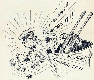 Cartoon showning sleepy sailor not thinking on left, the same sailor with the gun exploding on right.