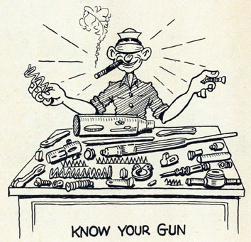 Cartoon of blindfolded sailor assembling his gun. KNOW YOUR GUN