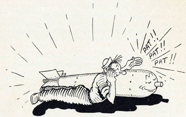 Cartoon of sailor laying next to torpedo patting it on its warhead.