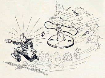 Cartoon of a sailor running away from an oversized electrical switch handle.
