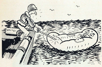 Cartoon of sailor holding the painter on a worried looking life raft.