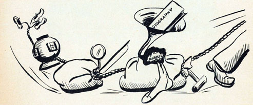 Cartoon of a leg of a sailor with a trail fo parcels.