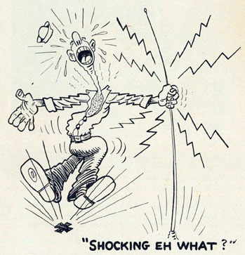 Cartoon of sailor holding antenna and recieving a shock.