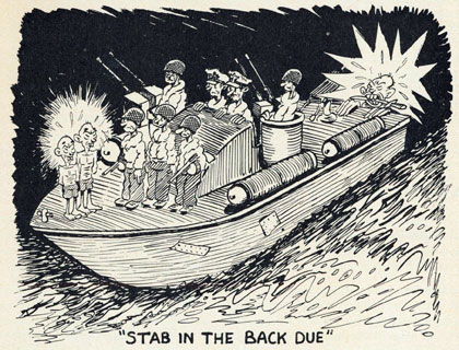 Cartoon of PT boat with all its crew looking forward at two enemy prisoners, with a third enemy climbing up unseen at the rear of the boat