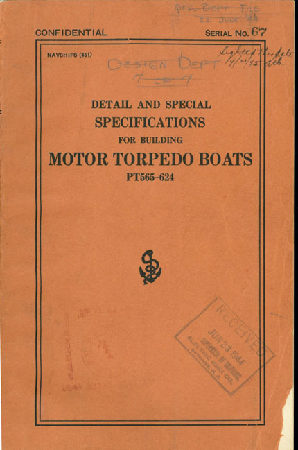 Photo of manual cover.NAVSHIPS(451)SERIAL NO. 67DETAIL SPECIFICATIONSFOR BUILDINGMOTOR TORPEDO BOATSPT 565-624(80-Foot)