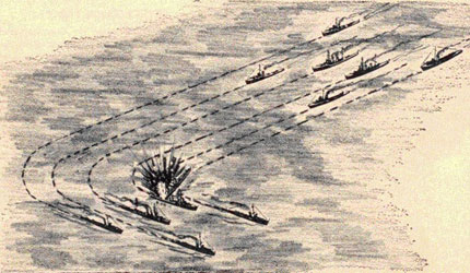 Drawing showing friendly fire on a turning convoy.
