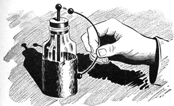 Drawing of a hand holding a wire on a home made jar capacitor.