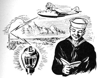 Drawing of sailor reading with a flying boat, shore station antenna in the background and a tube in the foreground.