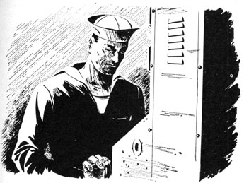 Drawing of sailor standing in from of a transmitter.