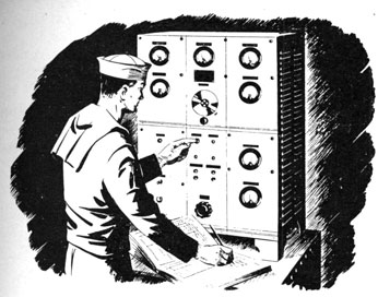Drawing of sailor in front of transmitter.